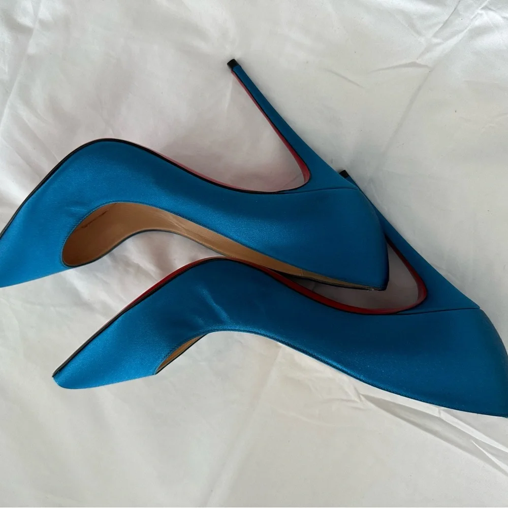 Brand New Christian Louboutin Blue Satin Pigalle Follies Pumps 100 - Picture 6 of 9